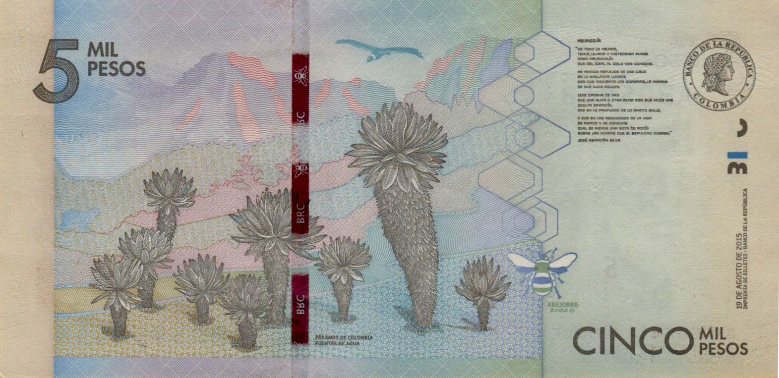 Colombia 5 2015 UNC P-459/a
